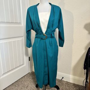 Vintage 80s Long Sleeve Jacket Dress Womens Size 10 Teal Blue shoulder Pads